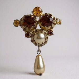 Austria Signed Brooch Pin Topaz Rhinestone Pearl Dangle Gold Tone Open Work Cups